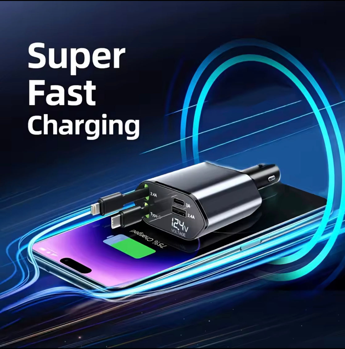 120W Retractable Car Charger, 4 in 1 USB Fast Charger, Type C/iPhone Cable Car Charger, 4 in 1 Power Adapter, 2 USB Ports Car Charger 120W Retractable Car Charger, 4 in 1 USB Fast Charger, Type C/iPhone Cable Car Charger, 4 in 1 Power Adapter, 2 USB Ports Car Charger
